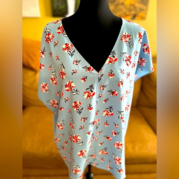 Hilary Radley Blue and Red Relaxed Blouse with a V Neck - Picture 1 of 5